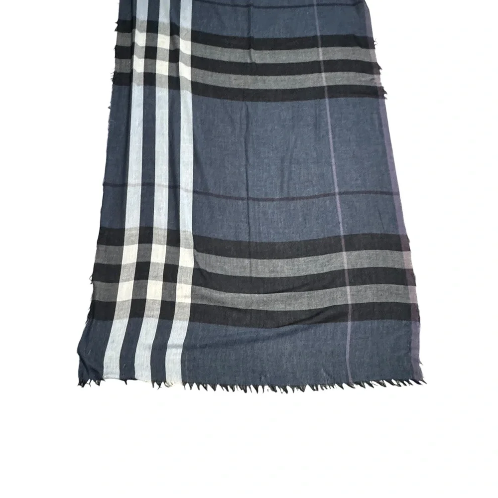 Gerry Weber‎ Navy Blue Grey Plaid Check oversized wrap shawl scarf fringe preppy